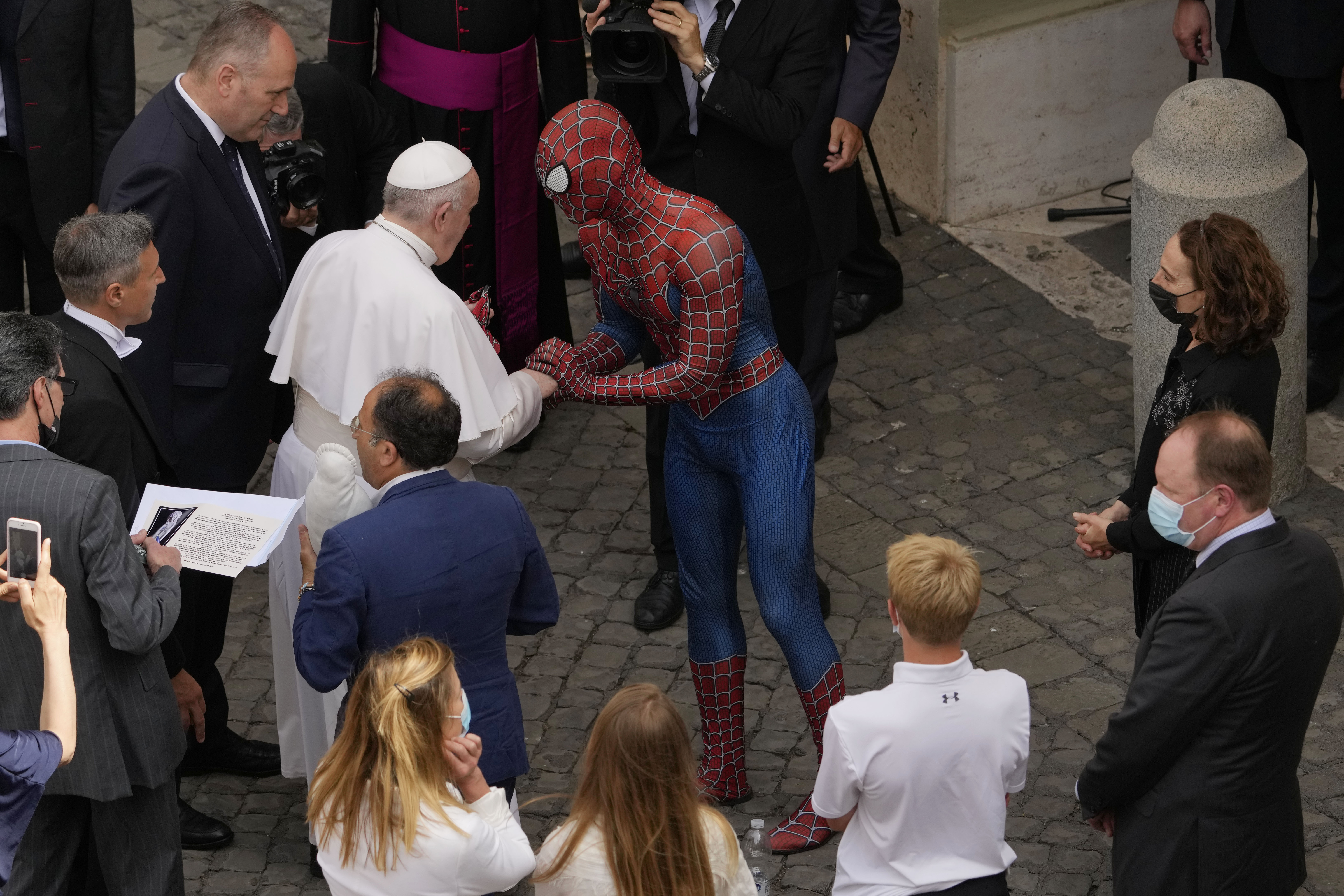 The Pope greets Spider Man at the Vatican NewsChain