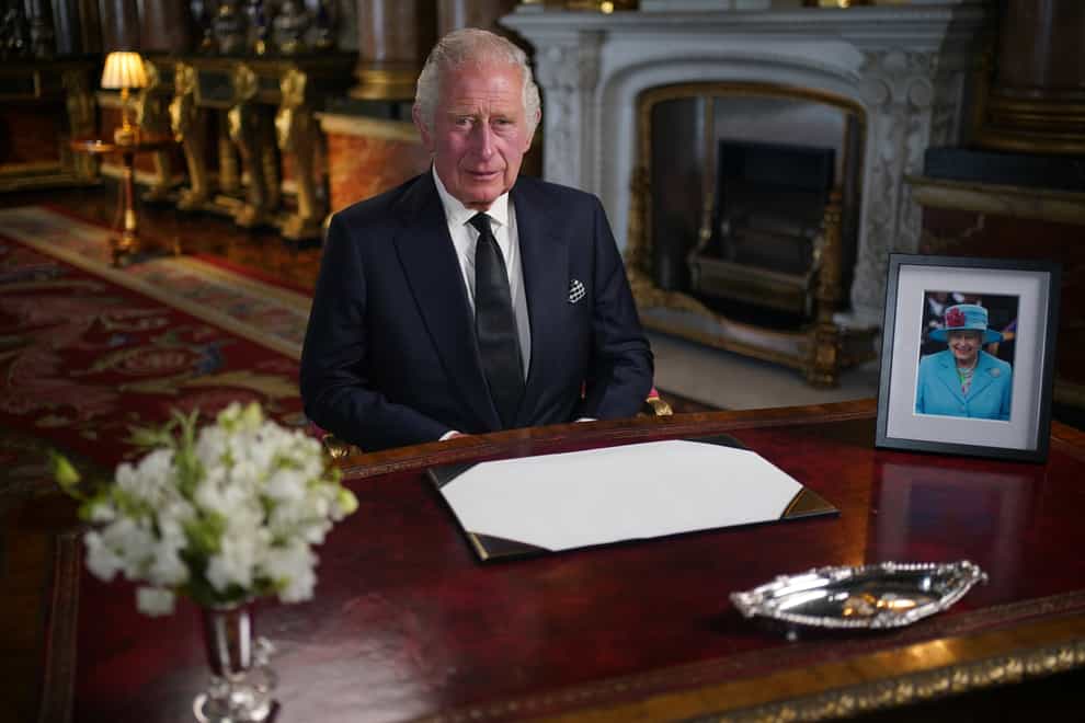 King Charles III delivers his address to the nation and the Commonwealth from Buckingham Palace, London, following the death of Queen Elizabeth II (PA)